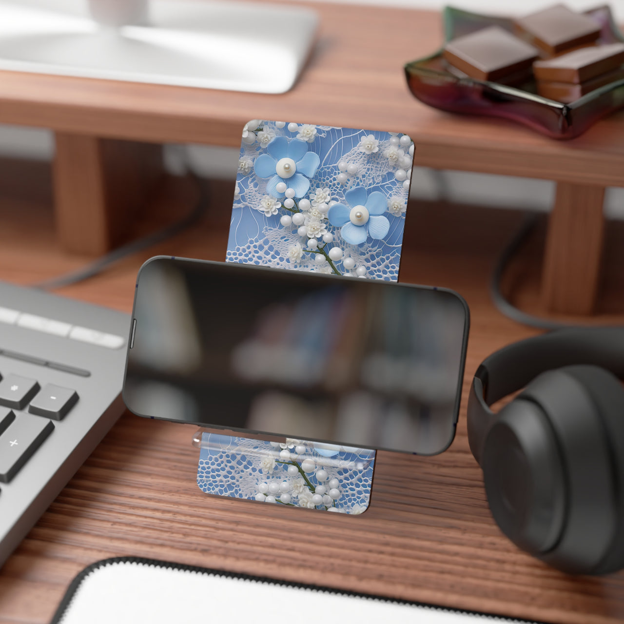 Pearls and Lace on Baby Blue - Mobile Display Stand for Smartphones