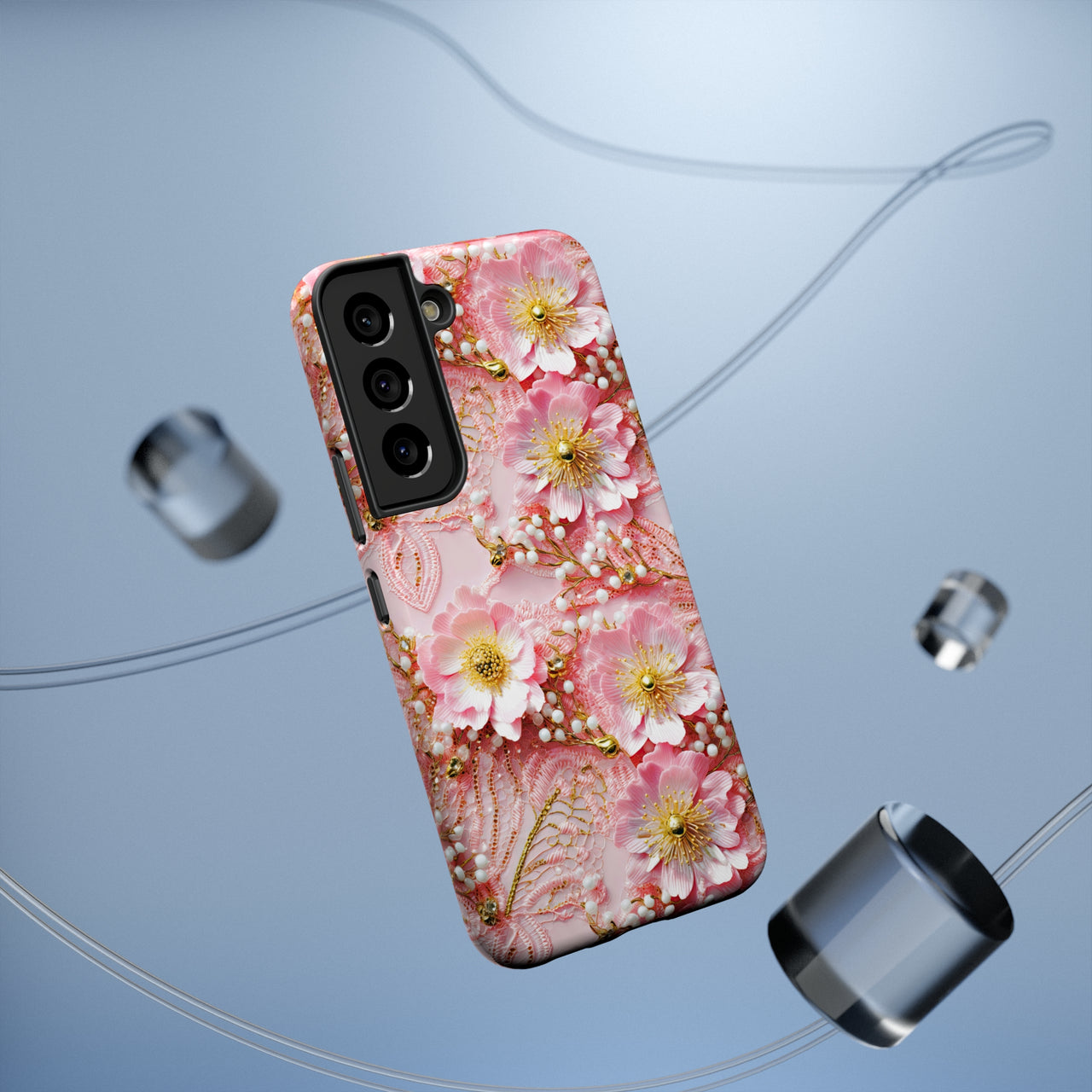 Gold-Kissed Flowers on Pink Lace - Impact-Resistant Case for Samsung Galaxy S22, Samsung Galaxy S22 Plus, and Samsung Galaxy S22 Ultra. Supports Wireless Charging.