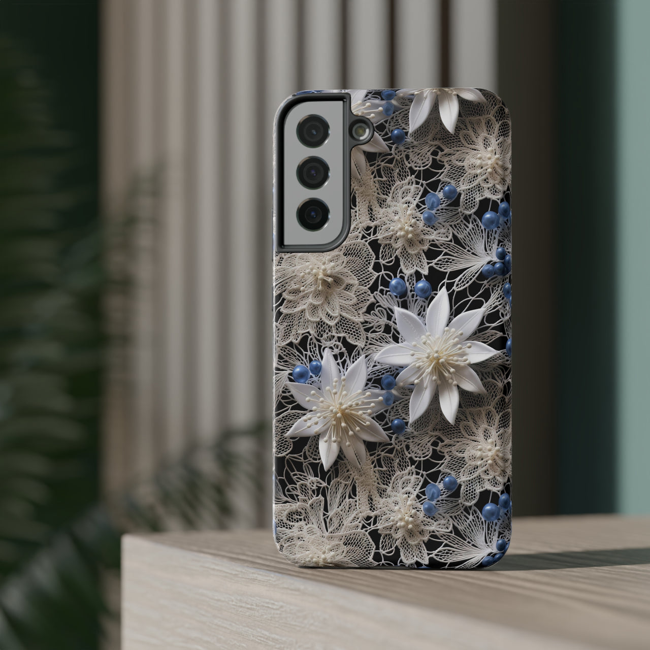 Vintage Lace and Clematis Impact-Resistant Cases for Samsung Galaxy S22, Samsung Galaxy S22 Plus, and Samsung Galaxy S22 Ultra. Supports Wireless Charging.