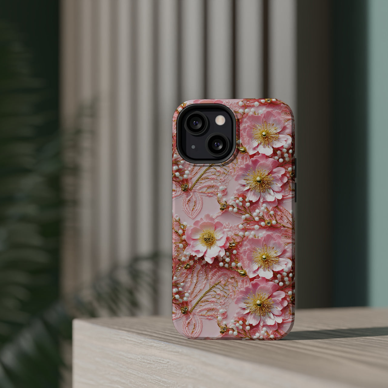 Gold-Kissed Flowers on Pink Lace - MagSafe Tough Cases for iPhone 13, iPhone 13 Mini, iPhone 13 Pro, and iPhone 13 Pro Max.