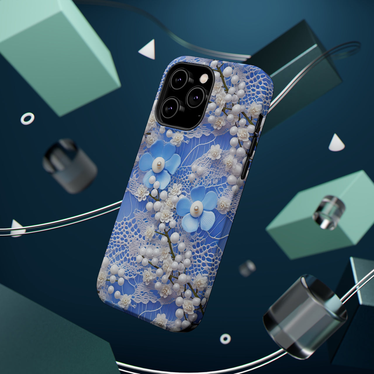 Pearls and Lace on Baby Blue - MagSafe Tough Cases for iPhone 14, iPhone 14 Pro, iPhone 14 Plus, and iPhone 14 Pro Max