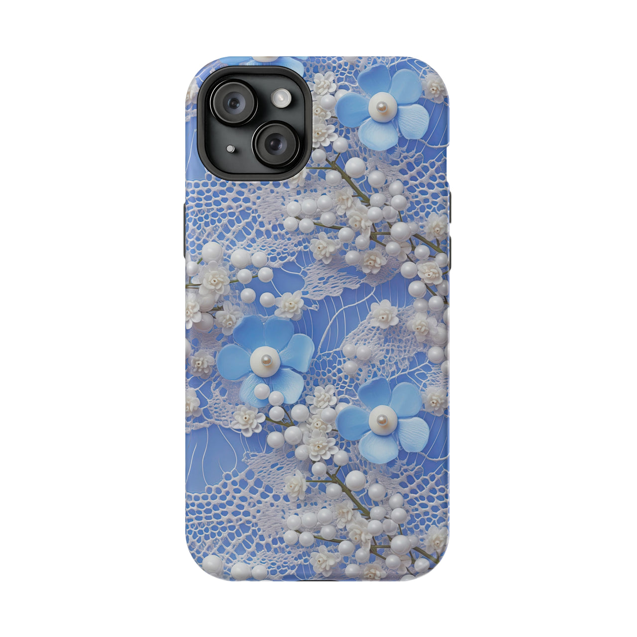 Pearls and Lace on Baby Blue - MagSafe Tough Case for iPhone 15, iPhone 15 Pro, iPhone 15 Plus, & iPhone 15 Pro Max