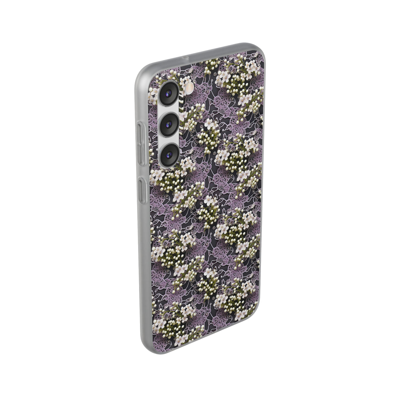 White Flowers on a Purple Bed - Flexi Cases for Samsung Galaxy S23, Samsung Galaxy S23 Plus, and Samsung Galaxy S23 Ultra