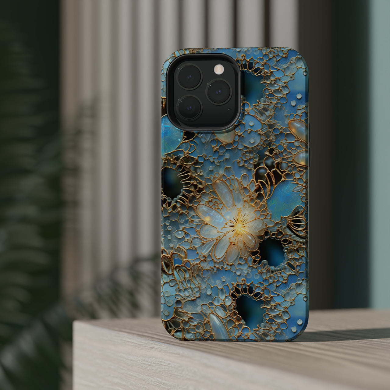 Gemstones and Gold Lace MagSafe Tough Cases for iPhone 13, iPhone 13 Mini, iPhone 13 Pro, and iPhone 13 Pro Max.