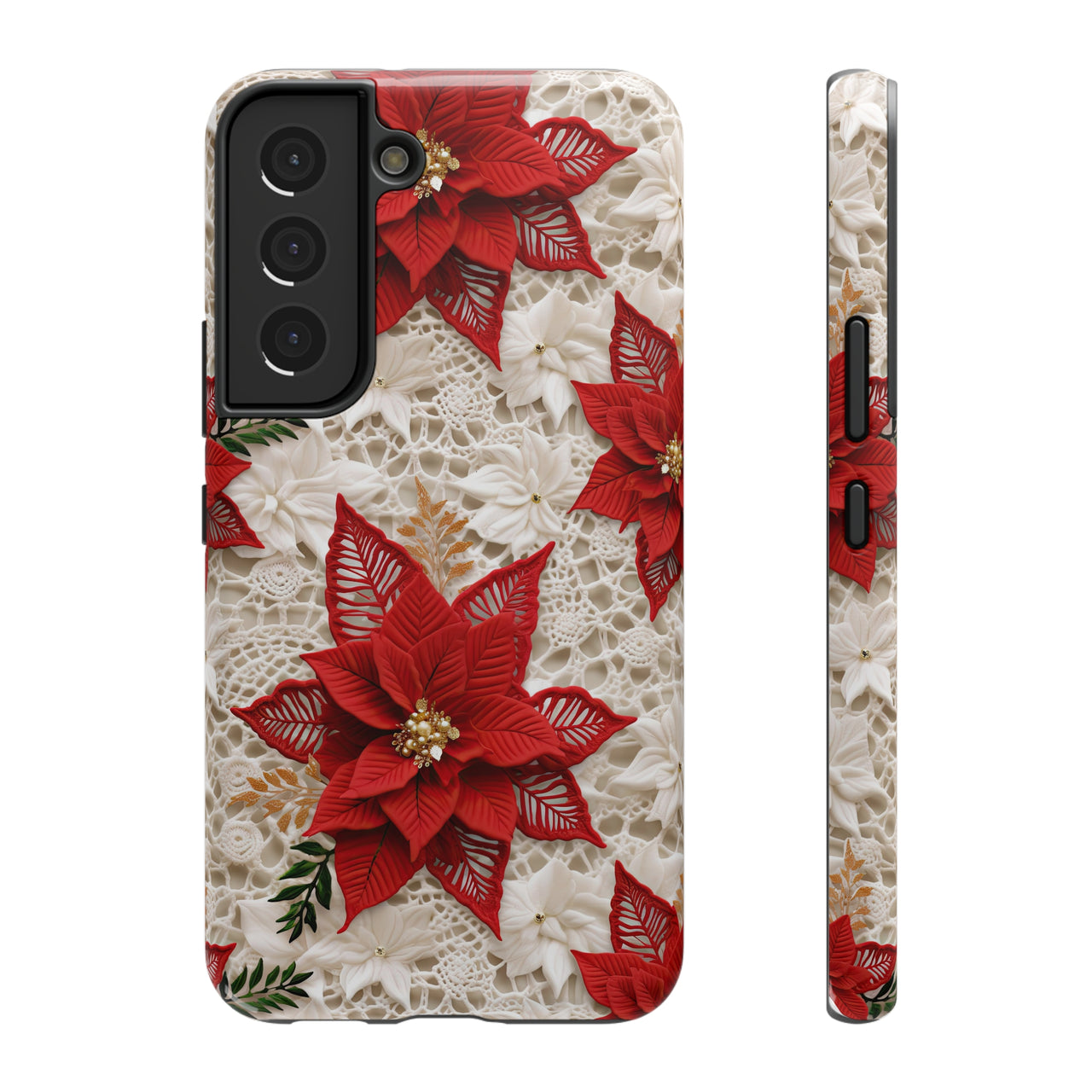 Christmas Poinsettia Impact-Resistant Cases for Samsung Galaxy S22, Samsung Galaxy S22 Plus, and Samsung Galaxy S22 Ultra. Supports Wireless Charging.