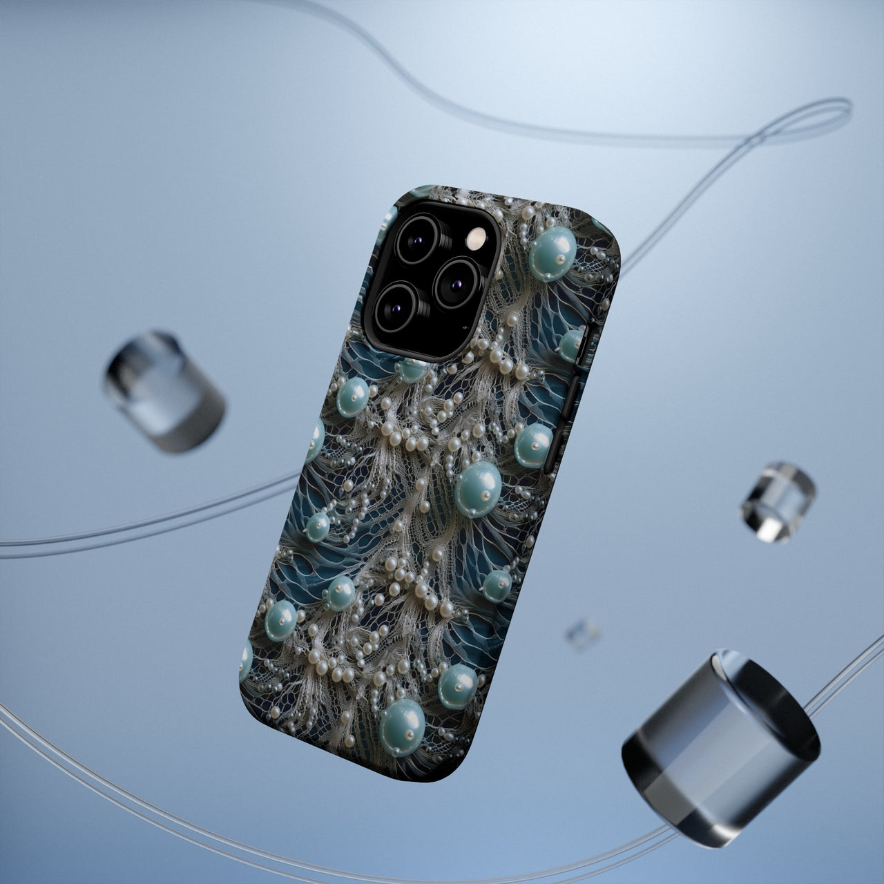 Sea Foam Lace and Pearls MagSafe Tough Cases for iPhone 14, iPhone 14 Pro, iPhone 14 Plus, and iPhone 14 Pro Max