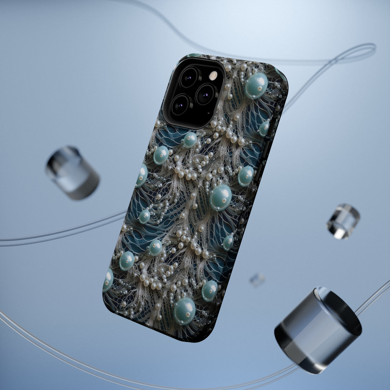 Sea Foam Lace and Pearls MagSafe Tough Cases for iPhone 13, iPhone 13 Mini, iPhone 13 Pro, and iPhone 13 Pro Max.