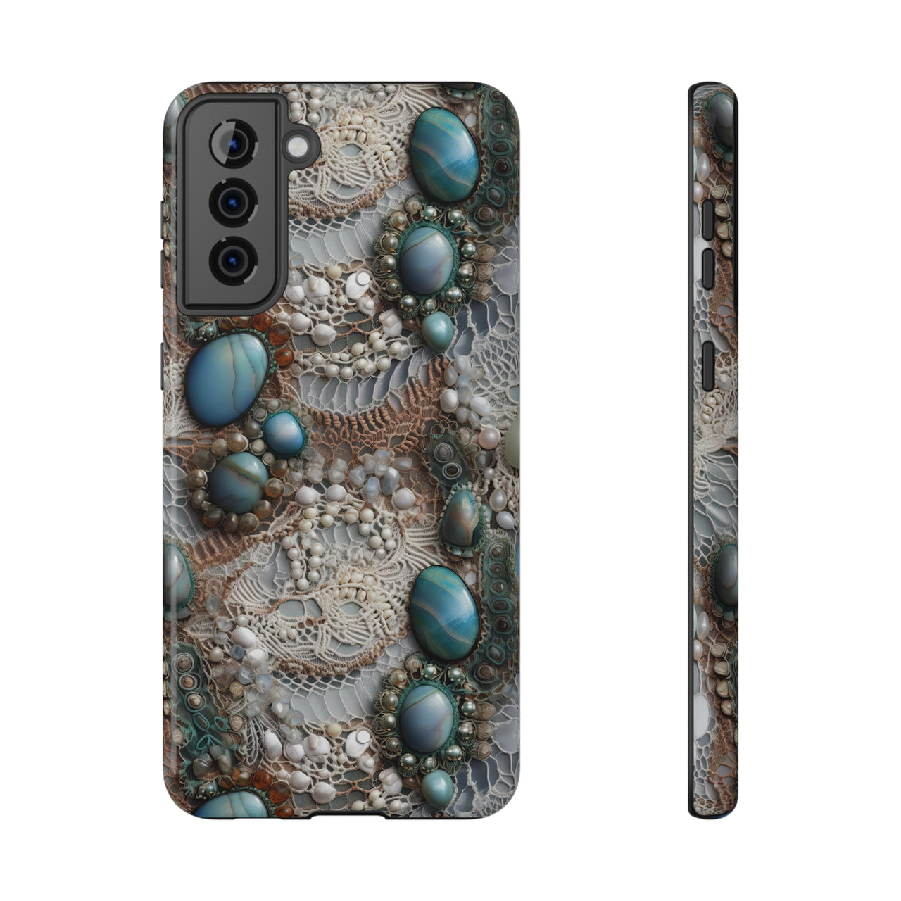 Boho Agate and Lace Impact-Resistant Cases for Samsung Galaxy S21, Samsung Galaxy S21 Plus, and Samsung Galaxy S21 Ultra. Supports Wireless Charging.