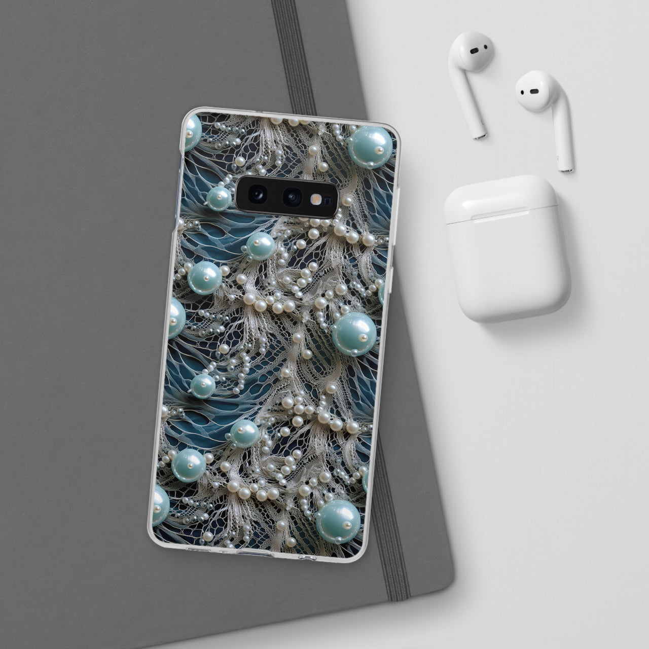 Sea Foam Lace and Pearls - Flexi Cases for Samsung Galaxy S10, Samsung Galaxy S10E, & Samsung Galaxy S10 Plus