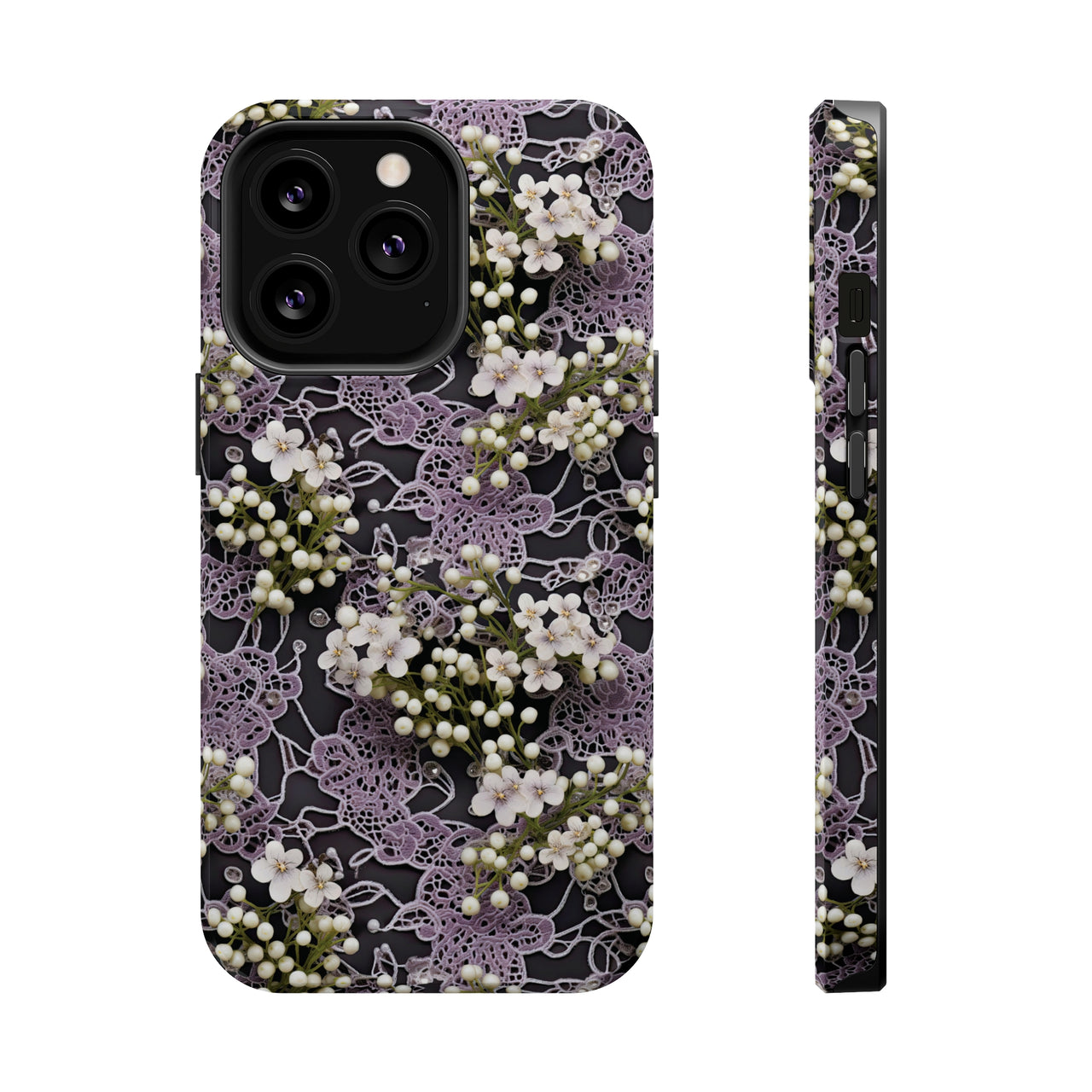 White Flowers on a Purple Bed - MagSafe Tough Cases for iPhone 13, iPhone 13 Mini, iPhone 13 Pro, and iPhone 13 Pro Max.