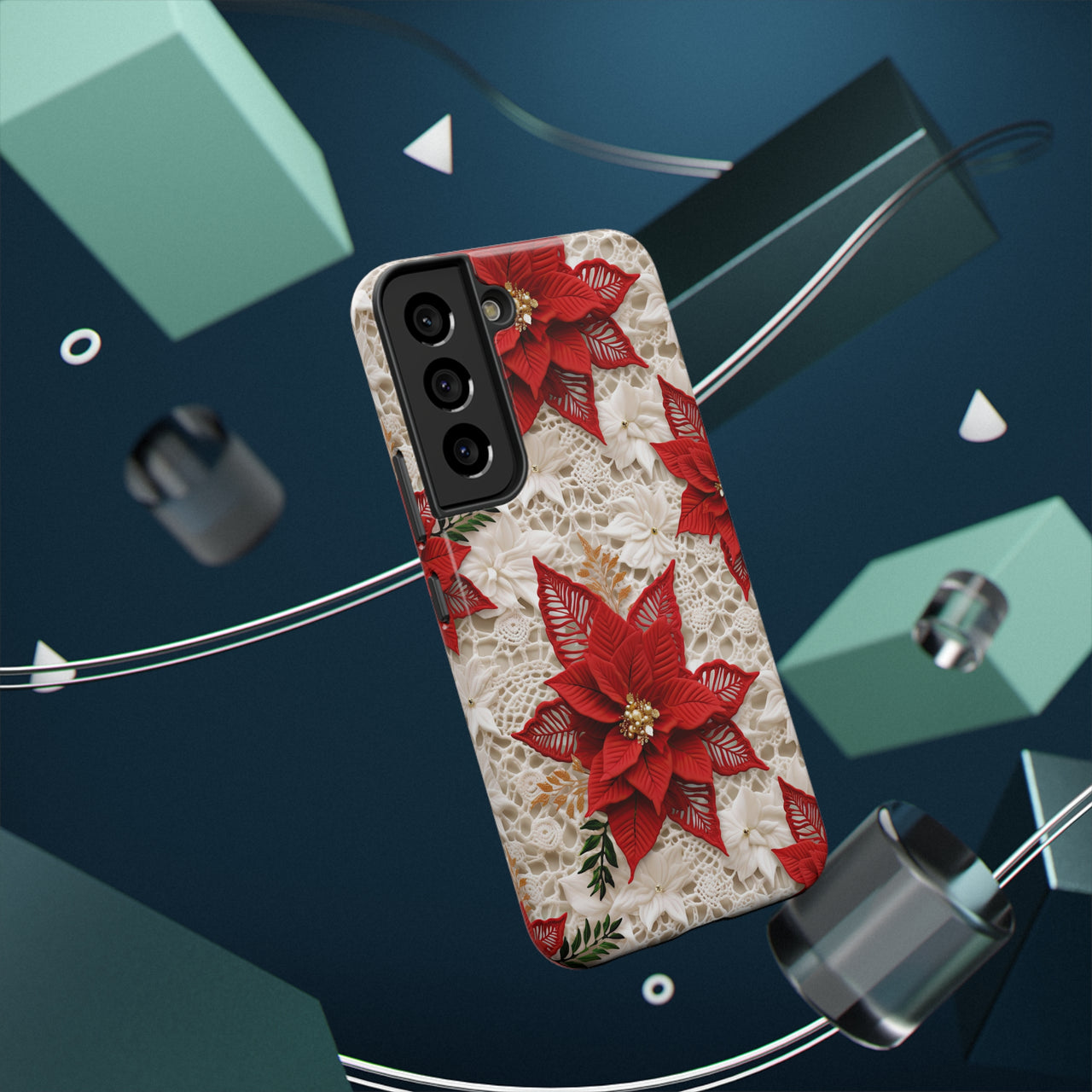 Christmas Poinsettia Impact-Resistant Cases for Samsung Galaxy S22, Samsung Galaxy S22 Plus, and Samsung Galaxy S22 Ultra. Supports Wireless Charging.