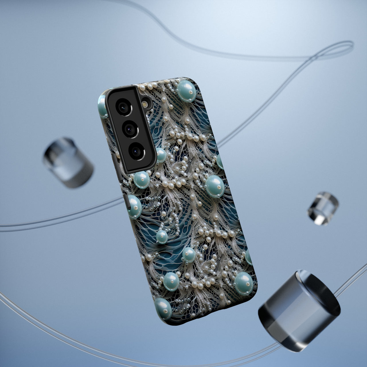 Sea Foam Lace and Pearls Impact-Resistant Cases for Samsung Galaxy S22, Samsung Galaxy S22 Plus, and Samsung Galaxy S22 Ultra. Supports Wireless Charging.