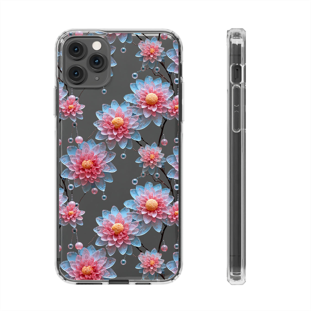 *Clear Case* Pink and Blue Glass Flowers - iPhone 11, iPhone 11 Pro, iPhone 11 Pro Max - Supports Wireless Charging