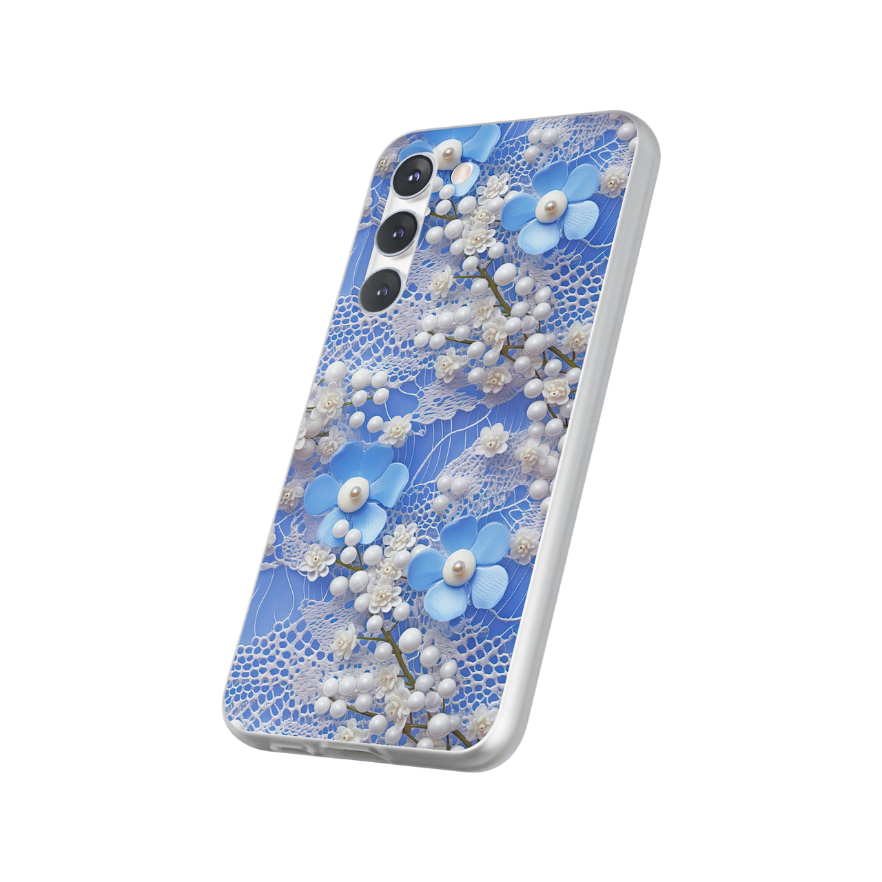 Pearls and Lace on Baby Blue - Flexi Cases for Samsung Galaxy S23, Samsung Galaxy S23 Plus, and Samsung Galaxy S23 Ultra