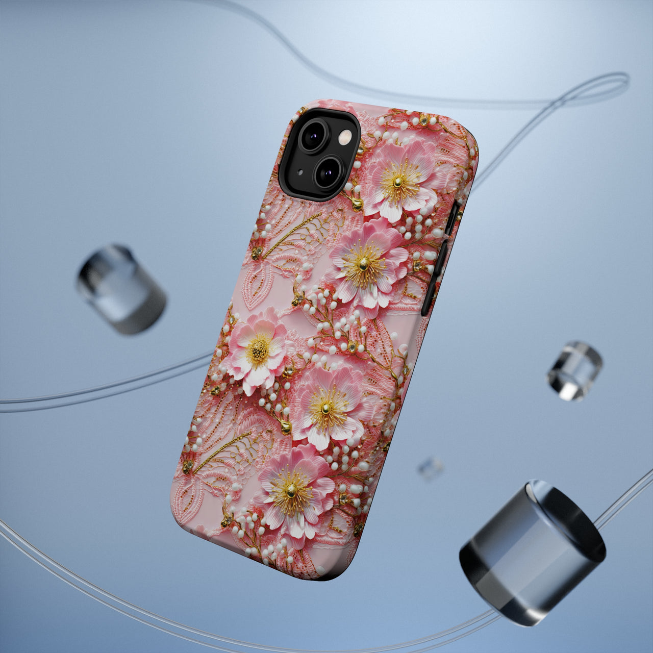 Gold-Kissed Flowers on Pink Lace - MagSafe Tough Case for iPhone 14, iPhone 14 Pro, iPhone 14 Plus, and iPhone 14 Pro Max