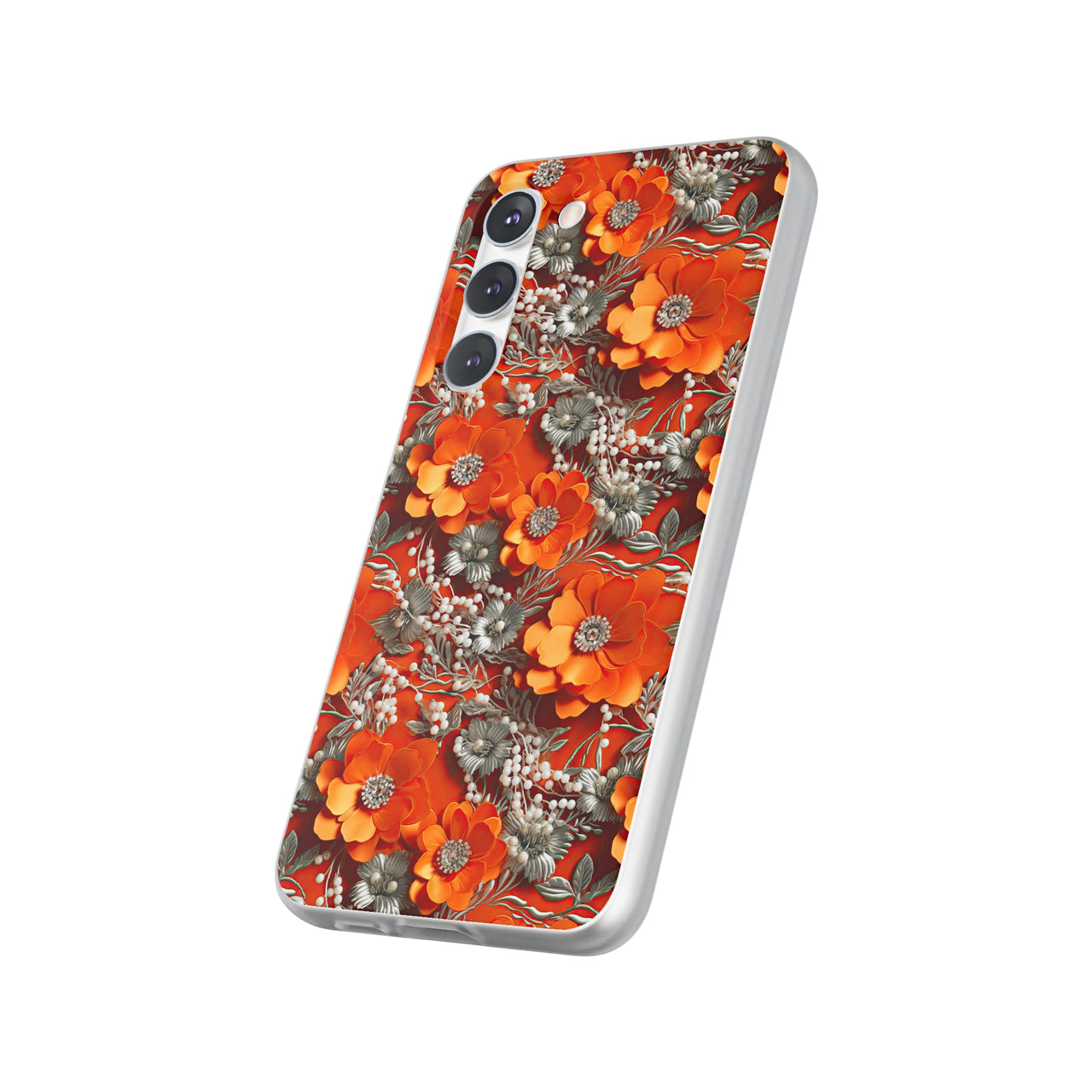 Orange Petals in Silver Tapestry - Flexi Cases for Samsung Galaxy S23, Samsung Galaxy S23 Plus, and Samsung Galaxy S23 Ultra