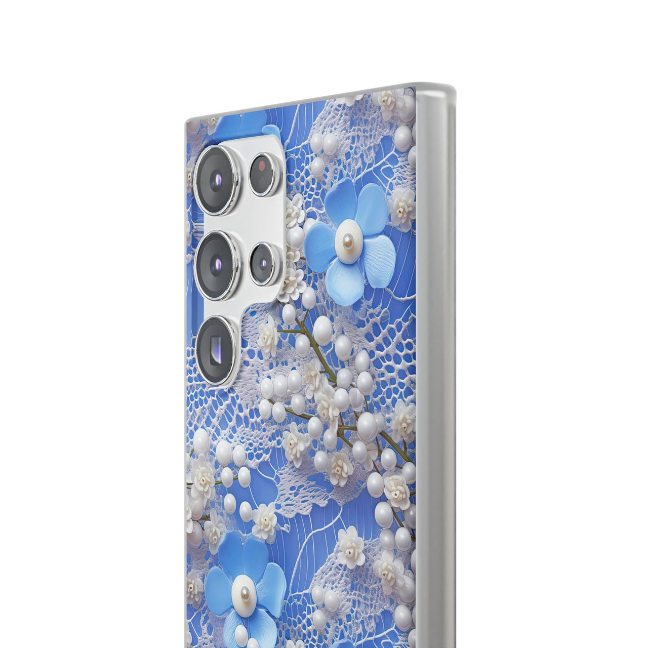 Pearls and Lace on Baby Blue - Flexi Cases for Samsung Galaxy S23, Samsung Galaxy S23 Plus, and Samsung Galaxy S23 Ultra