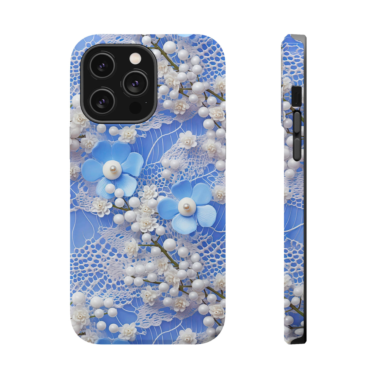 Pearls and Lace on Baby Blue - MagSafe Tough Cases for iPhone 14, iPhone 14 Pro, iPhone 14 Plus, and iPhone 14 Pro Max