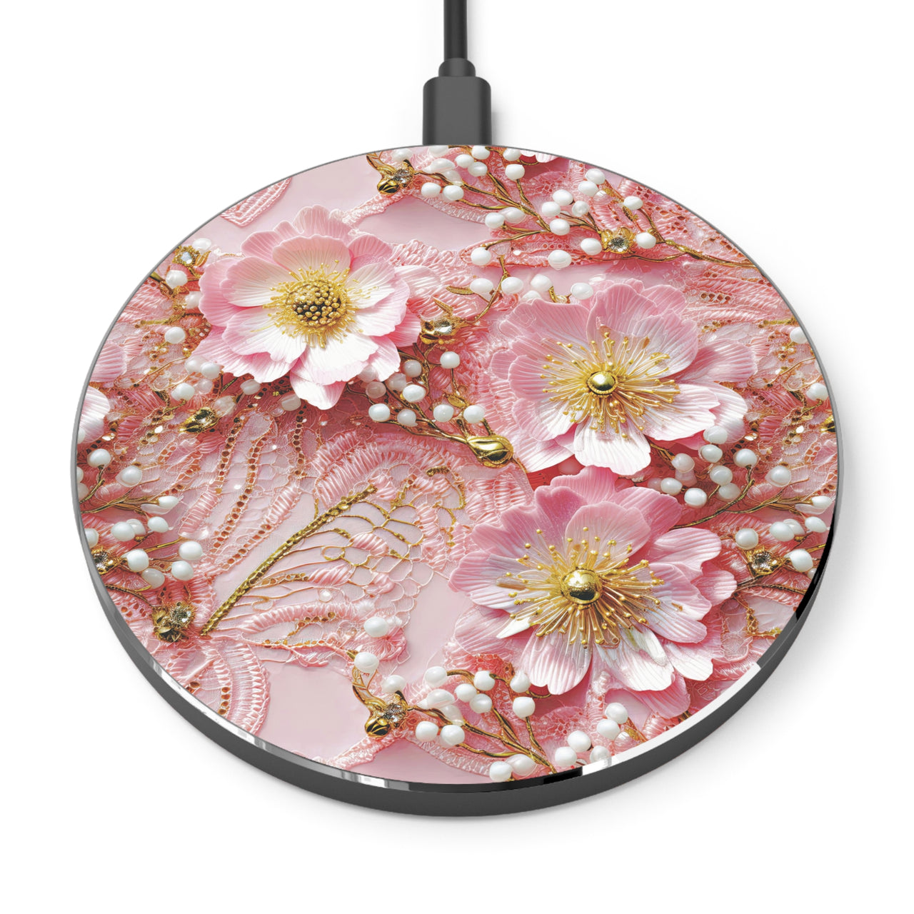 Gold-Kissed Flowers on Pink Lace - Wireless Charger for Qi Enabled Phones