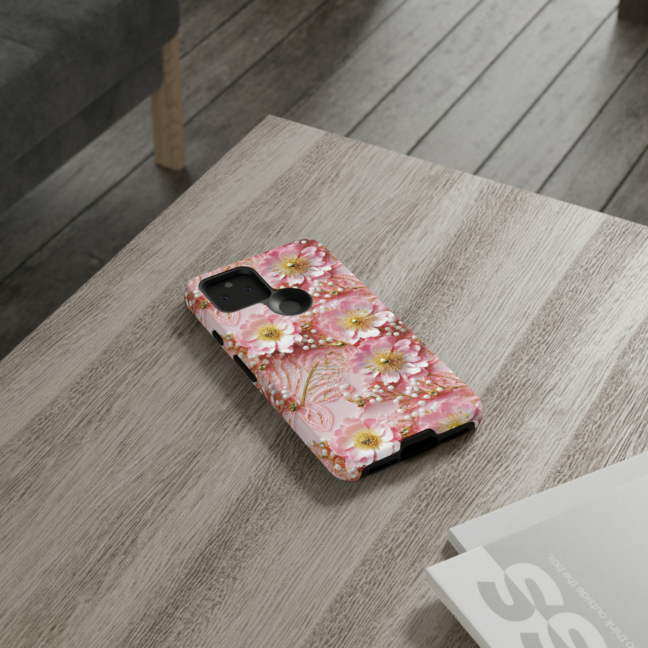 Gold-Kissed Flowers on Pink Lace - Tough Case for Google Pixel 5 5G