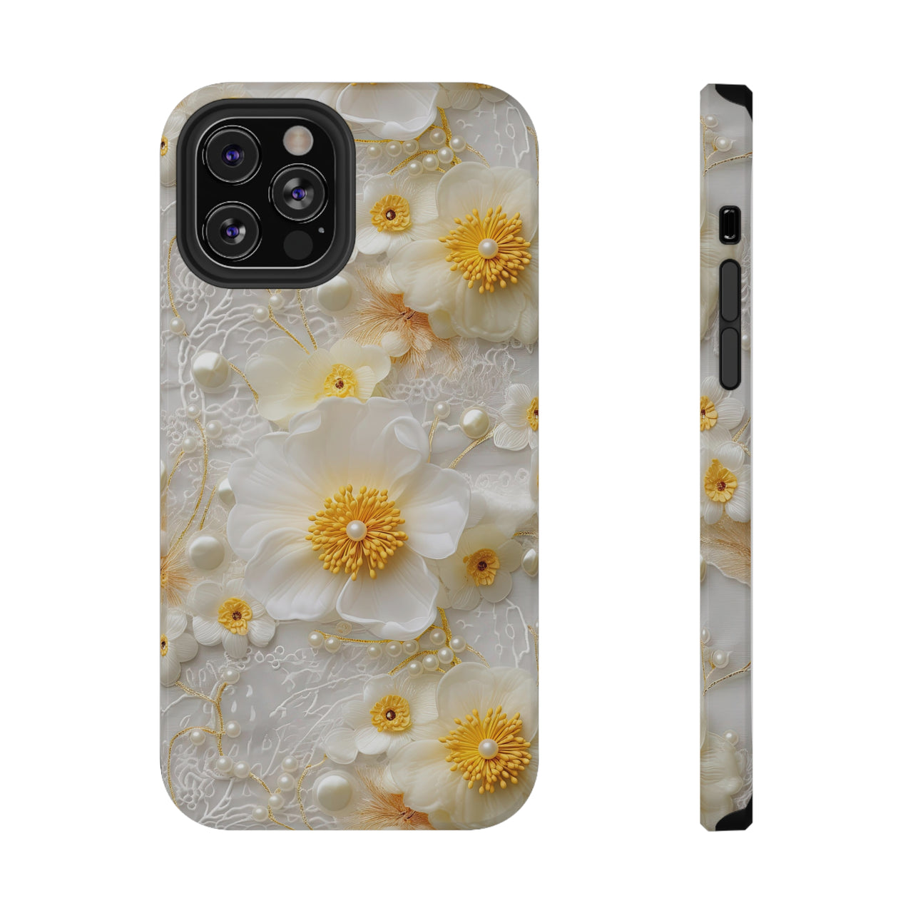 Yellow and White Floral Impact-Resistant Cases for iPhone 12, iPhone 12 Mini, iPhone 12 Pro, and iPhone 12 Pro Max. Supports Wireless Charging.