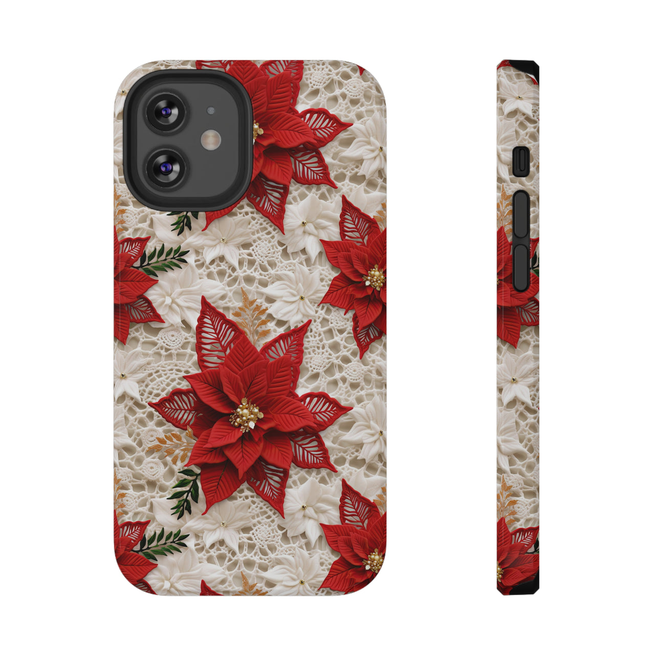 Christmas Poinsettia Impact-Resistant Case for iPhone 12, iPhone 12 Mini, iPhone 12 Pro, and iPhone 12 Pro Max. Supports Wireless Charging.