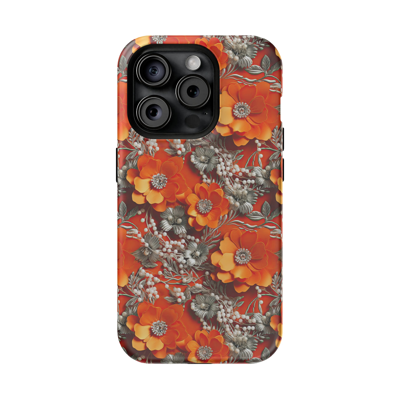 Orange Petals in Silver Tapestry - MagSafe Tough Case for iPhone 15, iPhone 15 Pro, iPhone 15 Plus, & iPhone 15 Pro Max