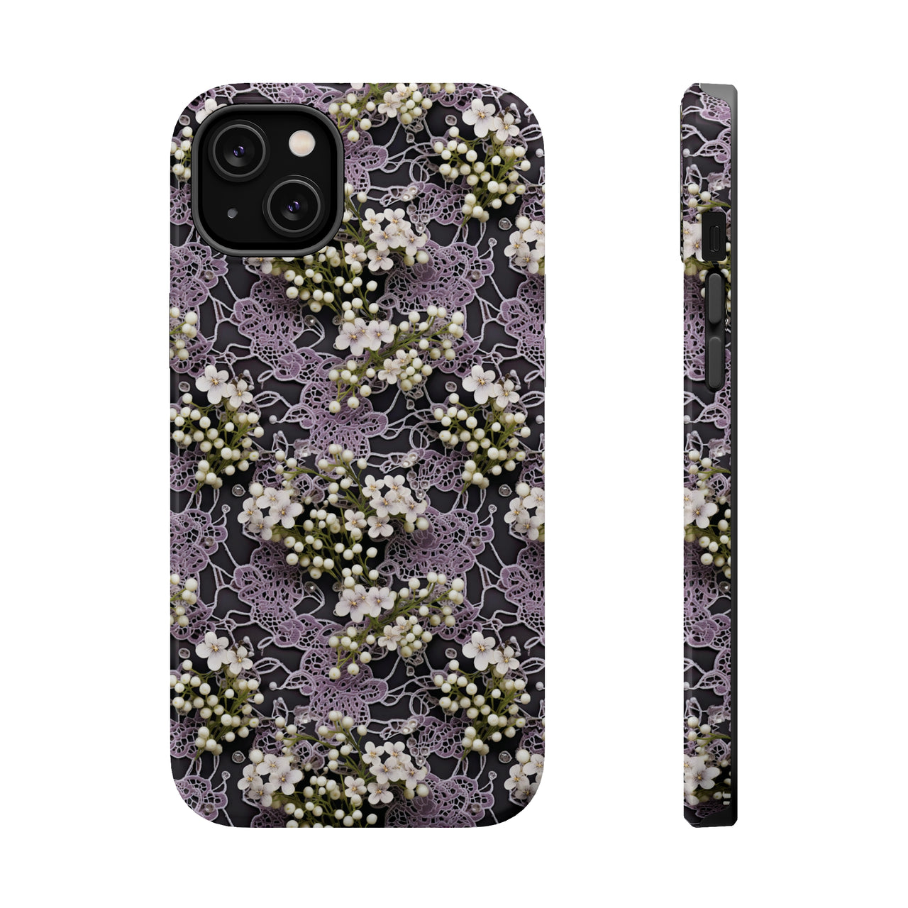 White Flowers on a Purple Bed - MagSafe Tough Cases for iPhone 14, iPhone 14 Pro, iPhone 14 Plus, and iPhone 14 Pro Max