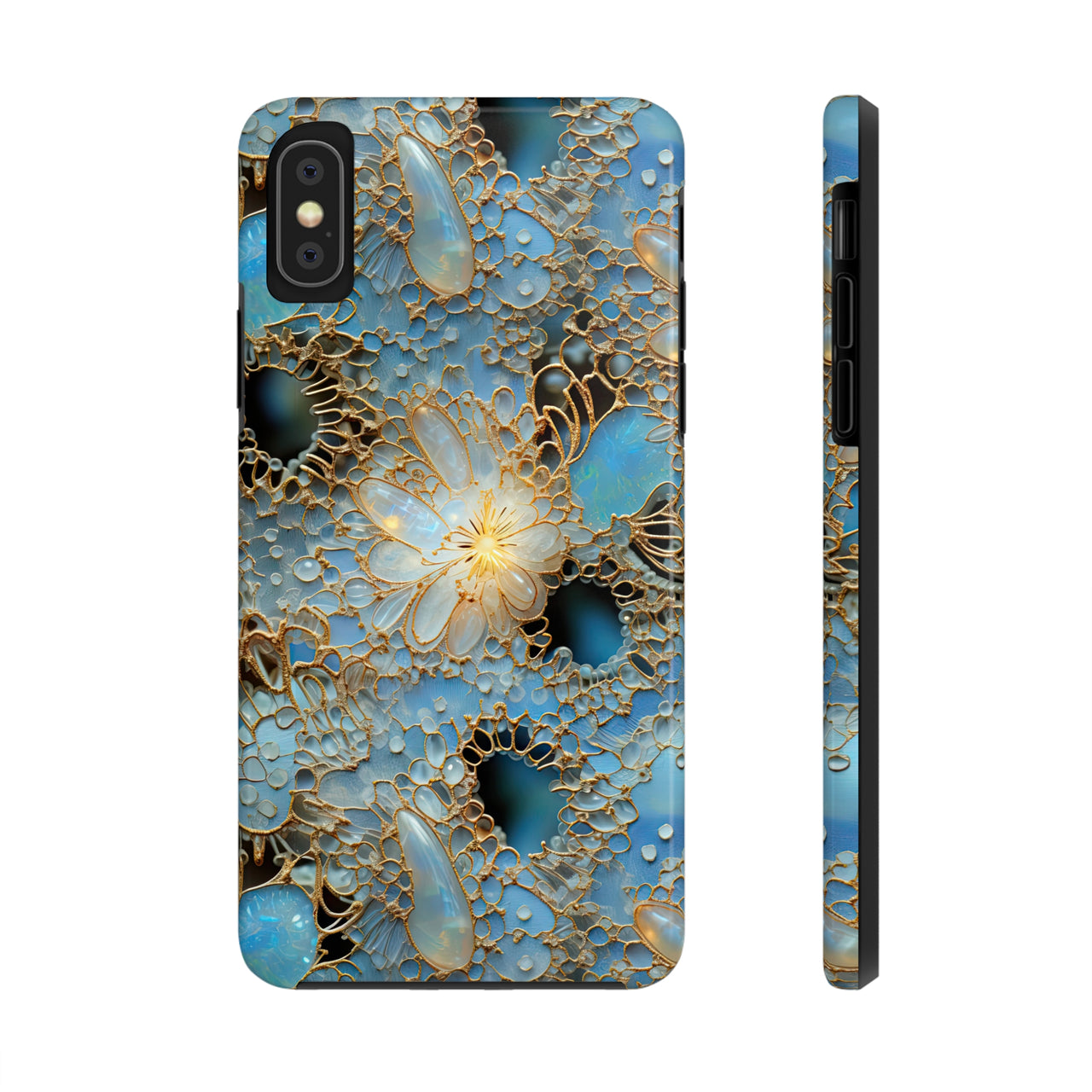 Gemstones and Gold Lace Tough Phone Cases for iPhone X, iPhone XR, iPhone XS, and iPhone XS MAX. Supports Wireless Charging.