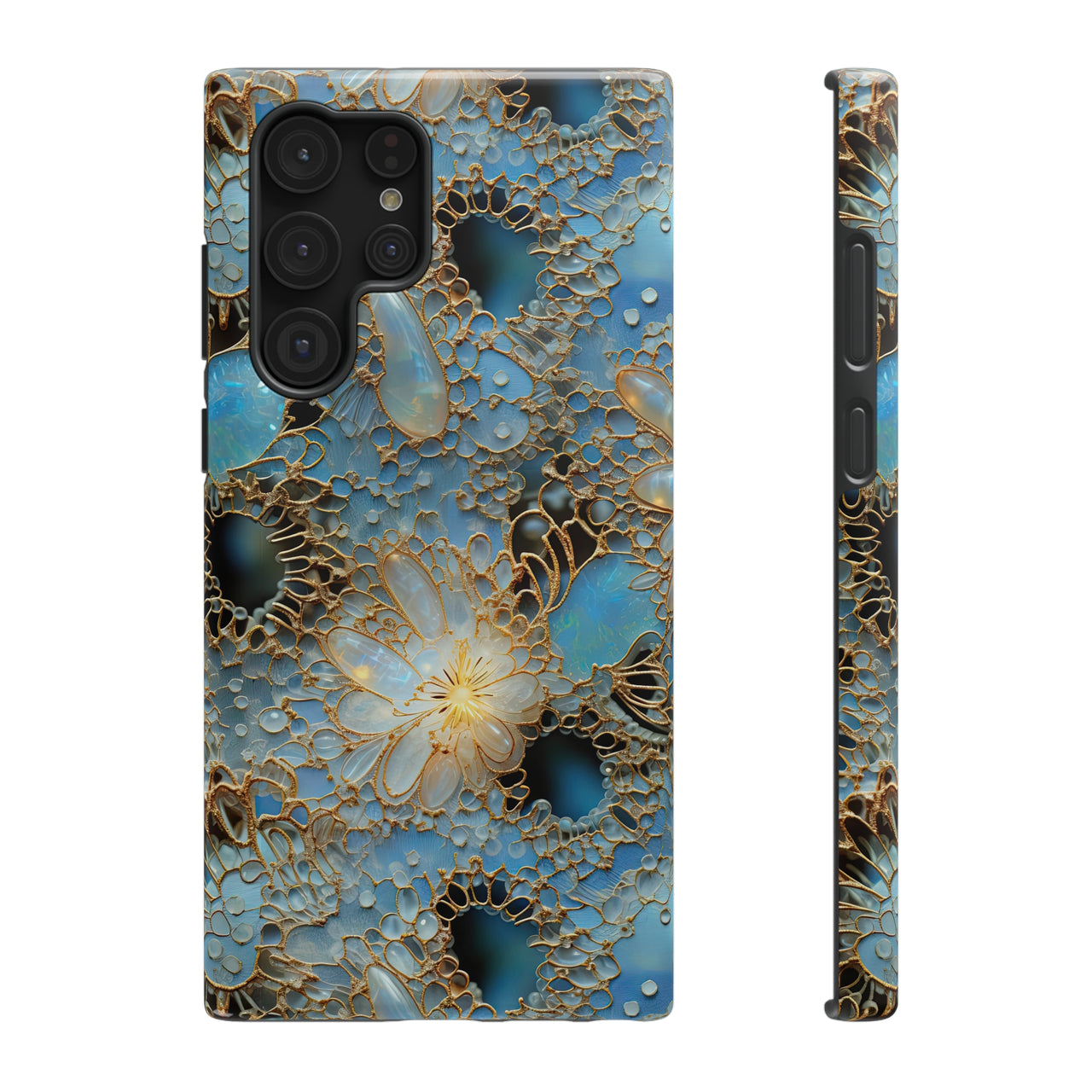 Gemstones and Gold Lace Impact-Resistant Cases for Samsung Galaxy S22, Samsung Galaxy S22 Plus, and Samsung Galaxy S22 Ultra. Supports Wireless Charging.