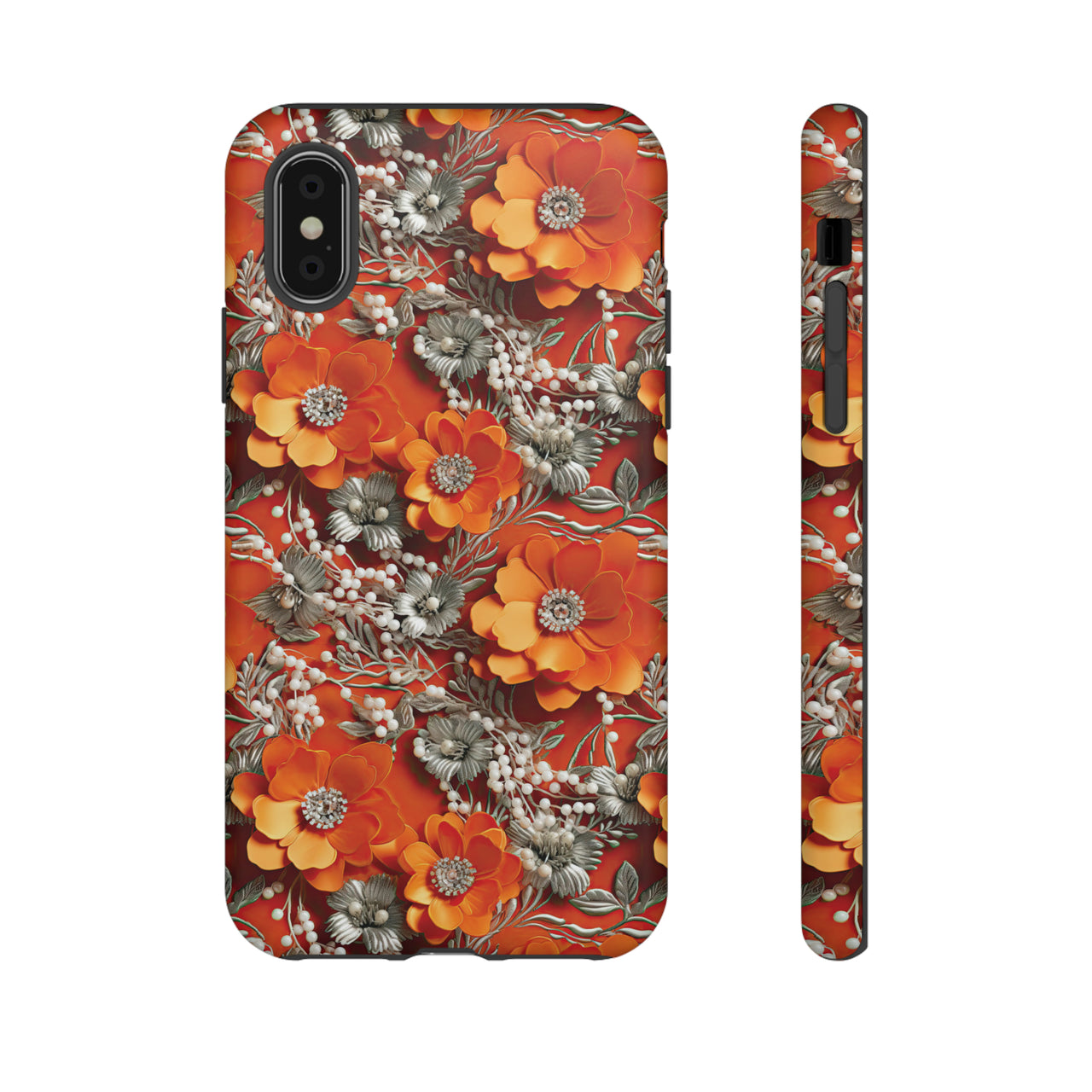 Orange Petals in Silver Tapestry Tough Cases for iPhone X, iPhone XR, iPhone XS, and iPhone XS MAX