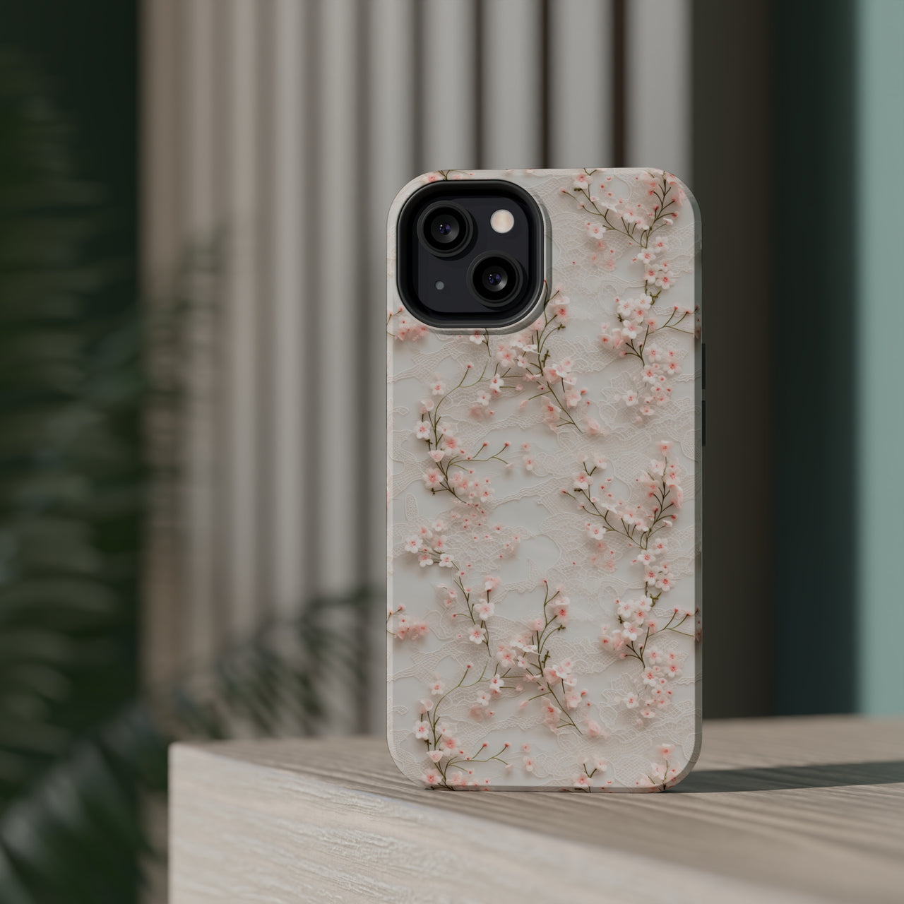 White Lace and Cherry Blossoms MagSafe Tough Cases for iPhone 13, iPhone 13 Mini, iPhone 13 Pro, and iPhone 13 Pro Max.