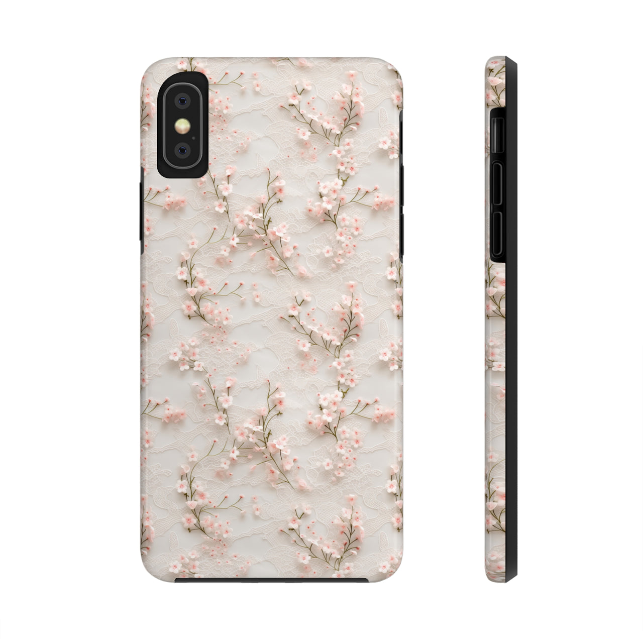 White Lace and Cherry Blossoms Tough Phone Case for iPhone X, iPhone XR, iPhone XS, and iPhone XS MAX. Supports Wireless Charging.