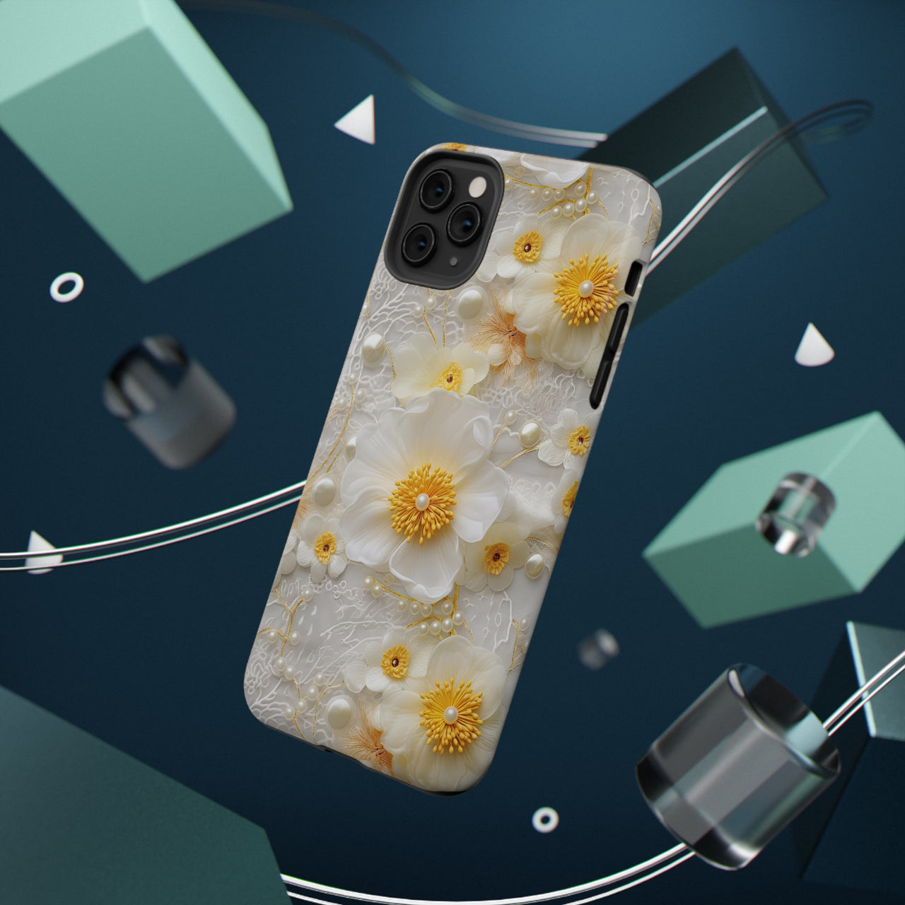 White and Yellow Floral Impact-Resistant Cases for iPhone 11, iPhone 11 Pro, and iPhone 11 Pro Max. Supports Wireless Charging.