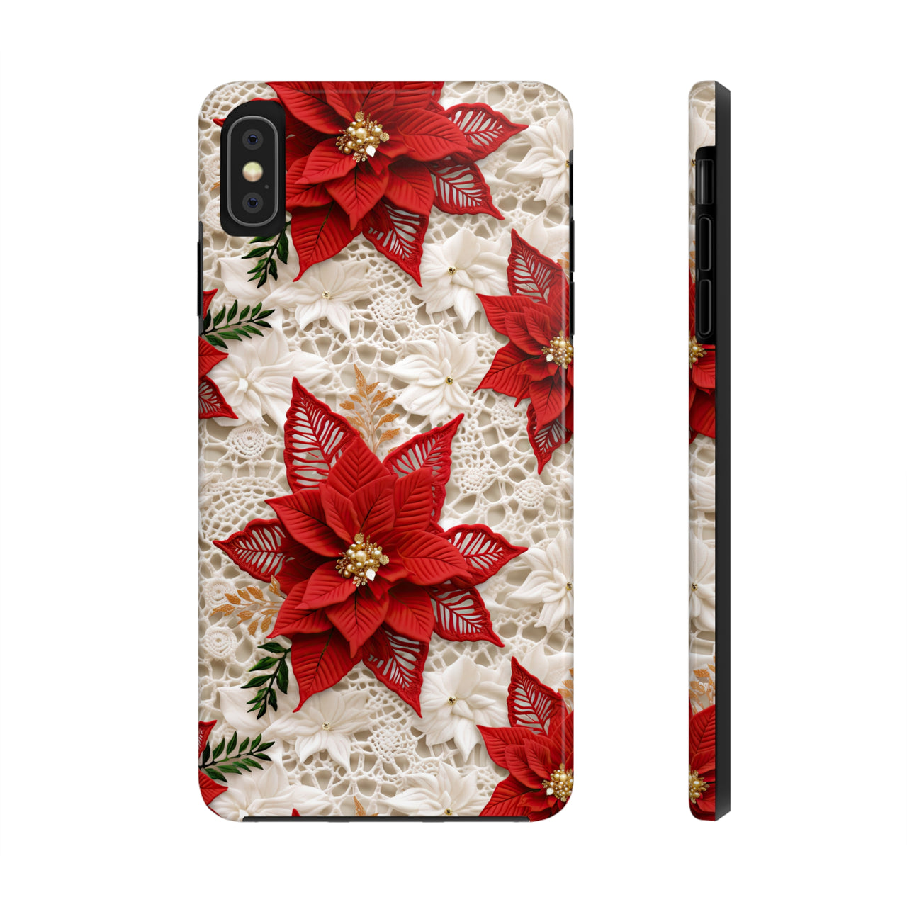 Christmas Poinsettia Tough Phone Cases for iPhone X, iPhone XR, iPhone XS, and iPhone XS MAX. Supports Wireless Charging.