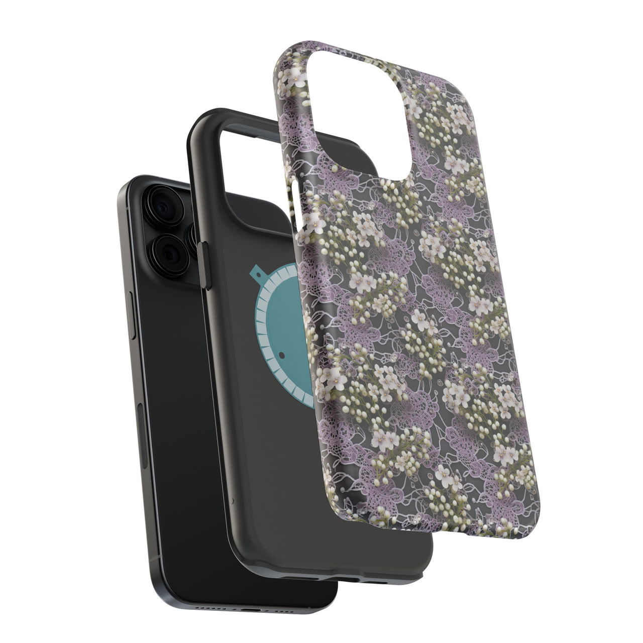 White Flowers on a Purple Bed - MagSafe Tough Case for iPhone 15, iPhone 15 Pro, iPhone 15 Plus, & iPhone 15 Pro Max