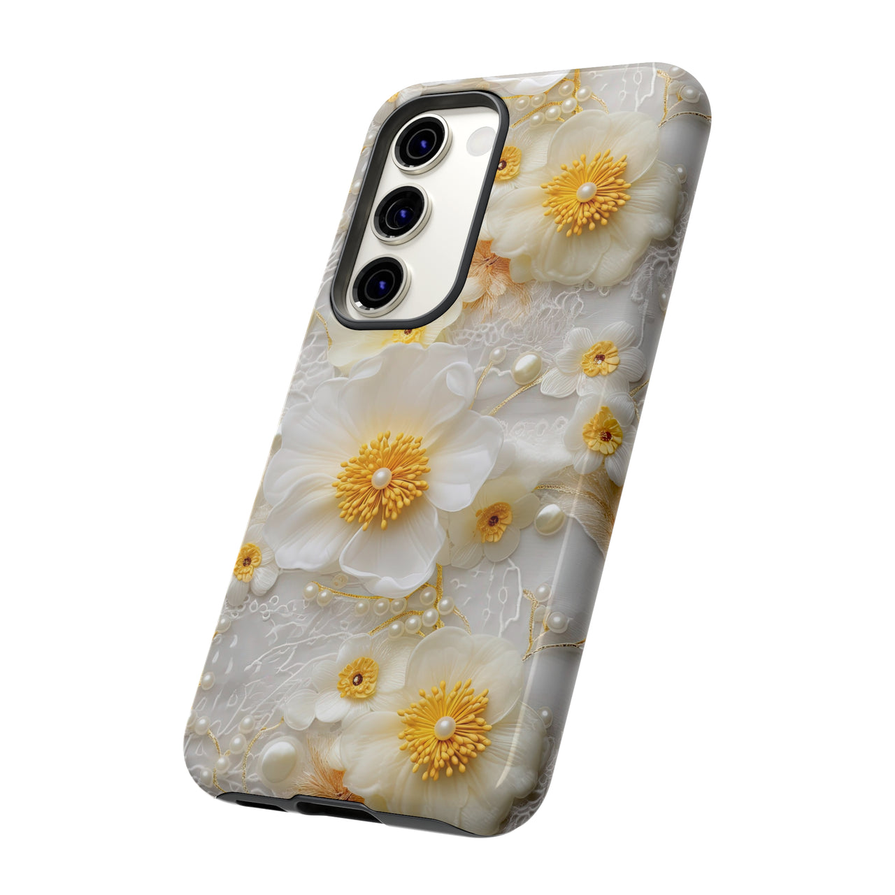 White and Yellow Floral Tough Cases for Samsung Galaxy S23, Samsung Galaxy S23 Plus, and Samsung Galaxy S23 Ultra