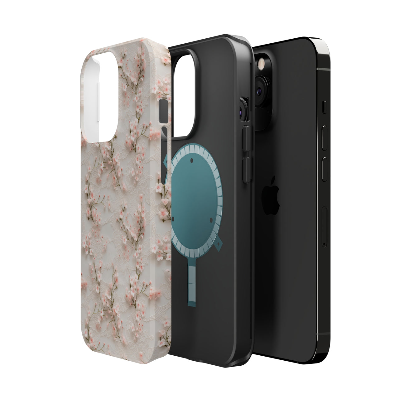 White Lace and Cherry Blossoms MagSafe Tough Cases for iPhone 13, iPhone 13 Mini, iPhone 13 Pro, and iPhone 13 Pro Max.