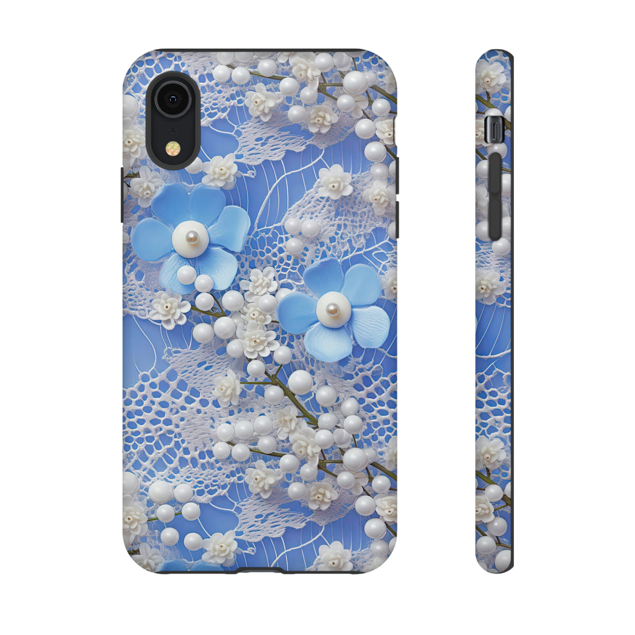 Pearls and Lace on Baby Blue - Tough Cases for iPhone X, iPhone XR, iPhone XS, and iPhone XS MAX.