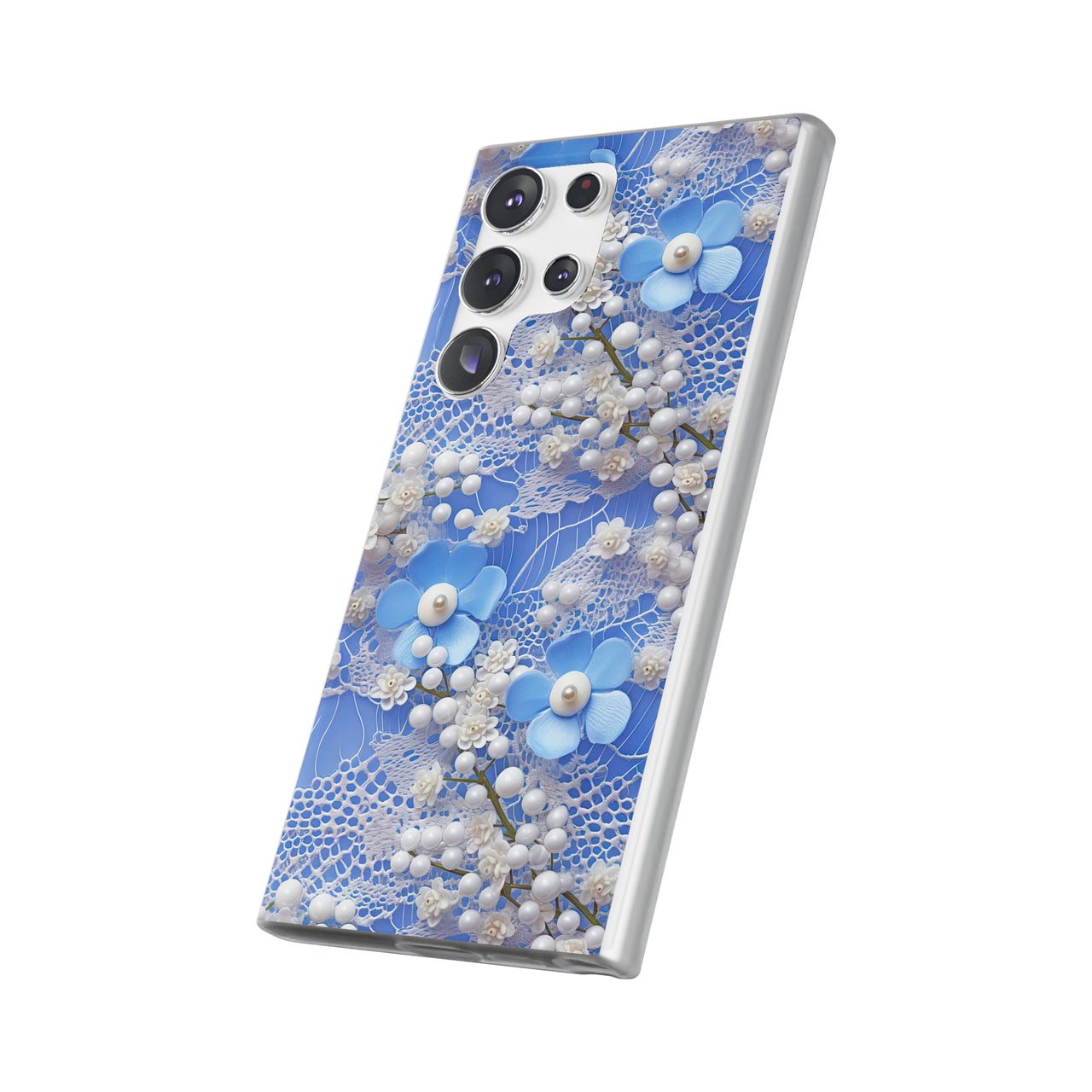 Pearls and Lace on Baby Blue - Flexi Cases for Samsung Galaxy S23, Samsung Galaxy S23 Plus, and Samsung Galaxy S23 Ultra