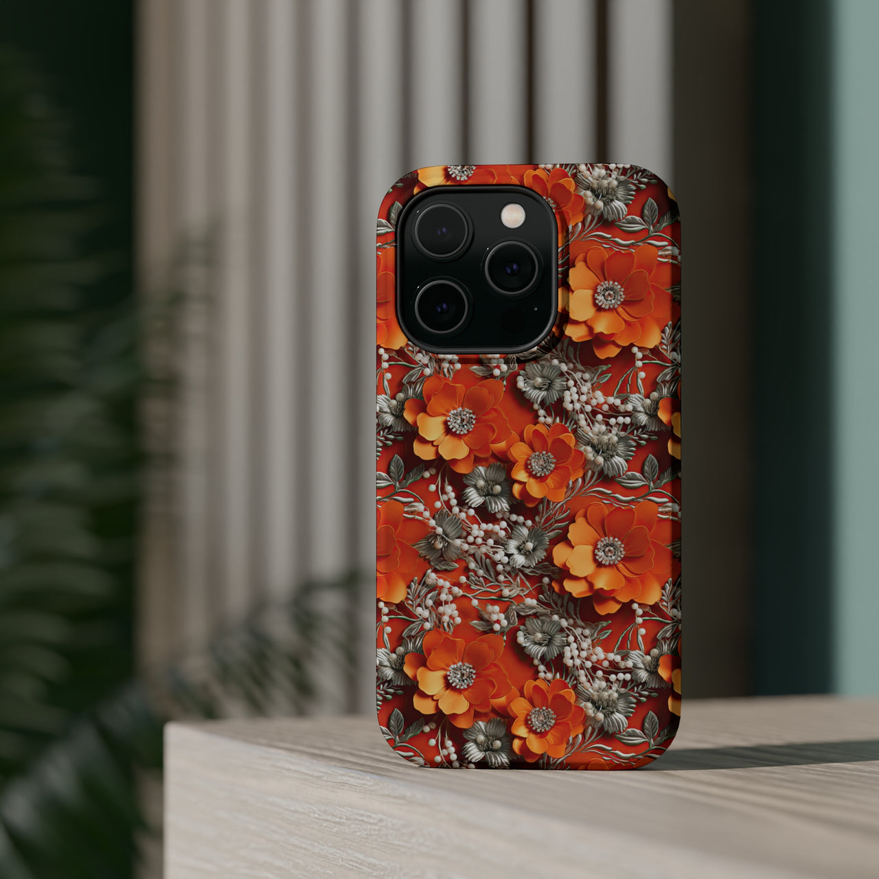 Orange Petals in Silver Tapestry MagSafe Tough Cases for iPhone 14, iPhone 14 Pro, iPhone 14 Plus, and iPhone 14 Pro Max