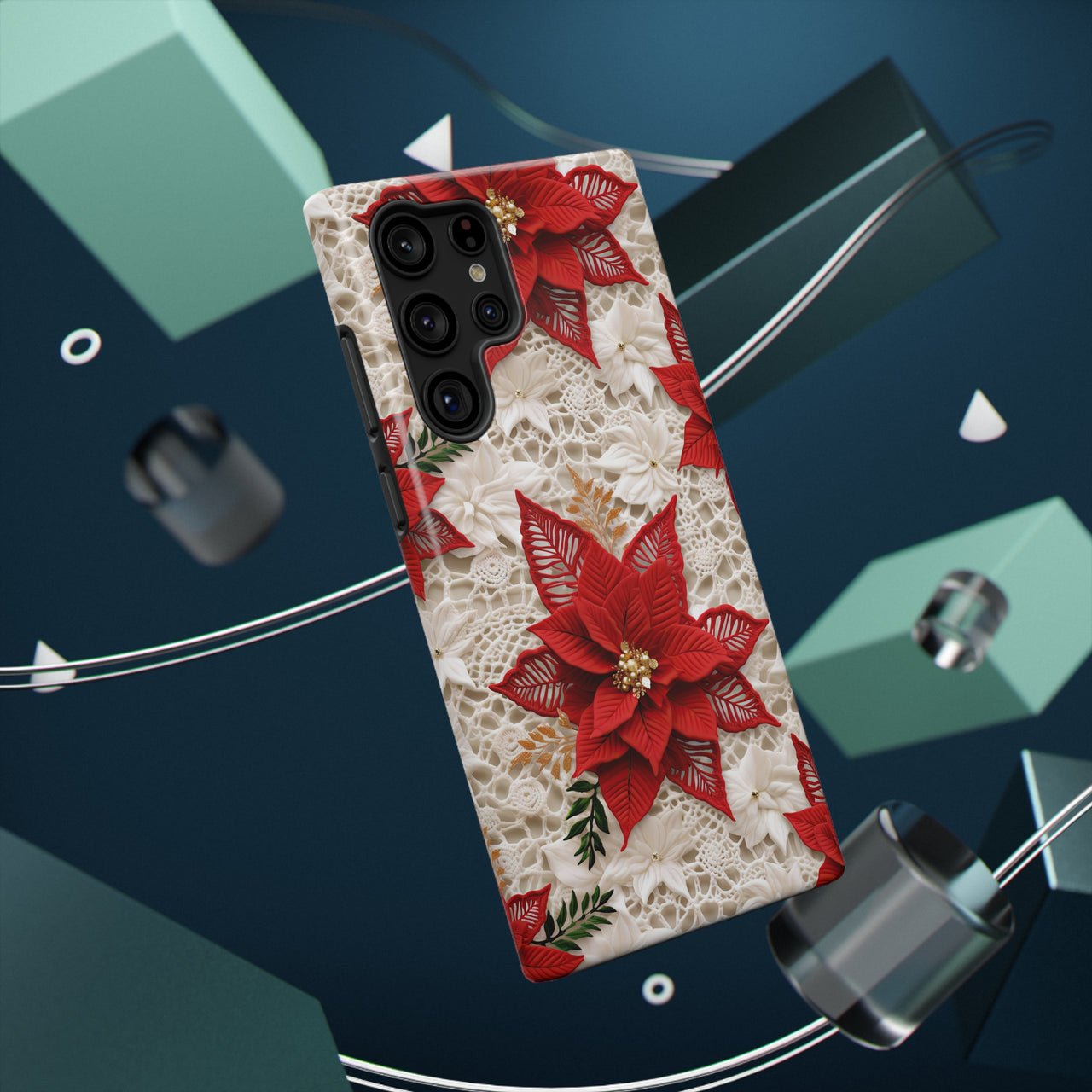 Christmas Poinsettia Impact-Resistant Cases for Samsung Galaxy S22, Samsung Galaxy S22 Plus, and Samsung Galaxy S22 Ultra. Supports Wireless Charging.