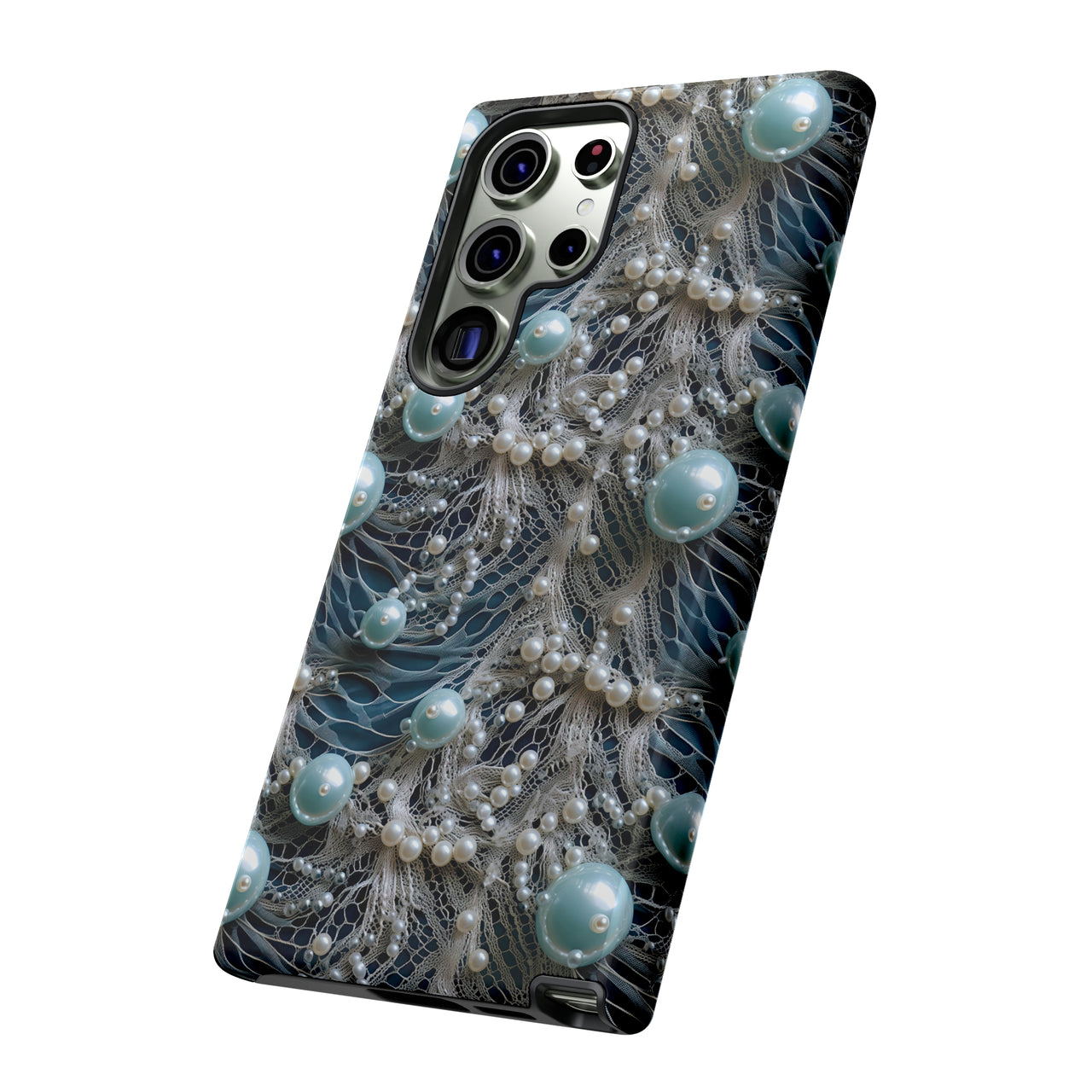 Sea Foam Lace and Pearls Tough Cases for Samsung Galaxy S23, Samsung Galaxy S23 Plus, and Samsung Galaxy S23 Ultra