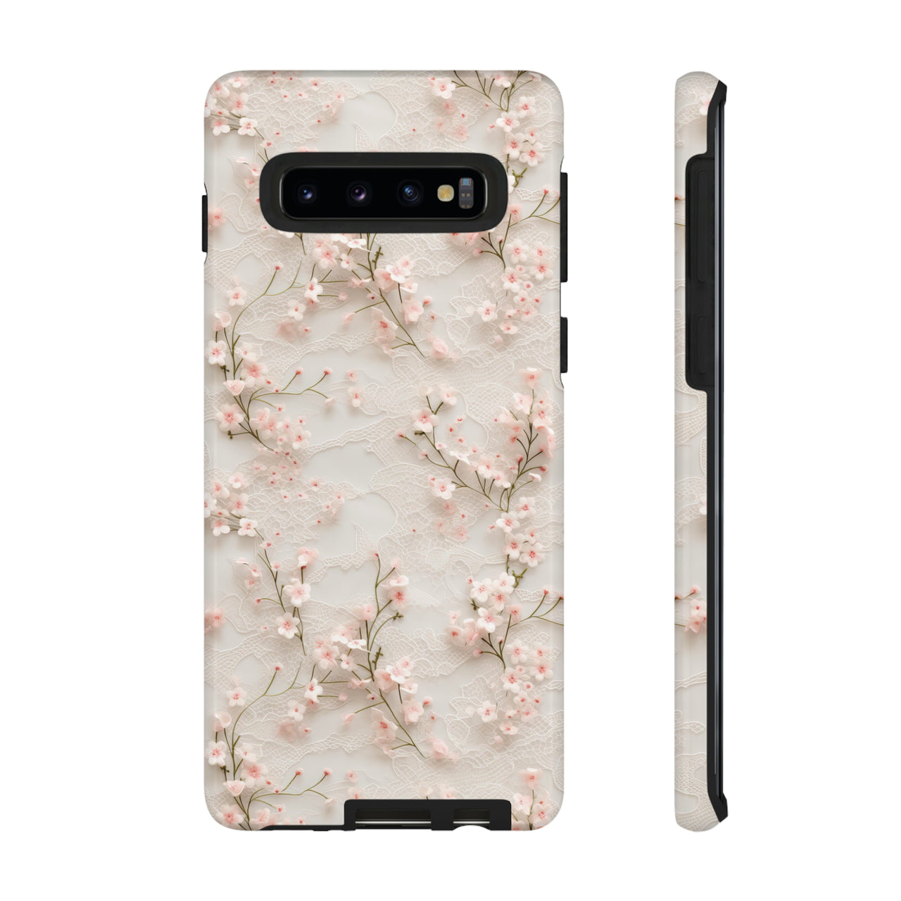 White Lace and Cherry Blossoms Tough Cases for Samsung Galaxy S10, Samsung Galaxy S10E, and Samsung Galaxy S10 Plus