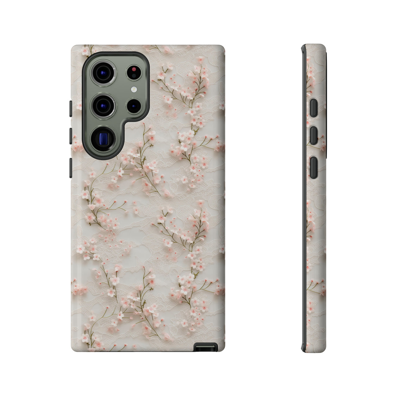 White Lace and Cherry Blossoms Tough Cases for Samsung Galaxy S23, Samsung Galaxy S23 Plus, and Samsung Galaxy S23 Ultra