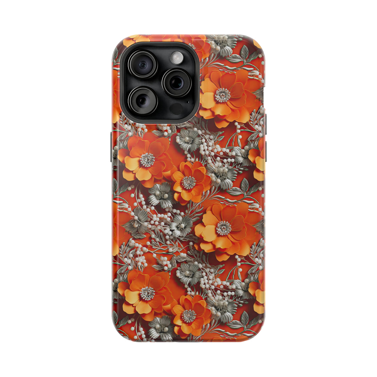 Orange Petals in Silver Tapestry - MagSafe Tough Case for iPhone 15, iPhone 15 Pro, iPhone 15 Plus, & iPhone 15 Pro Max