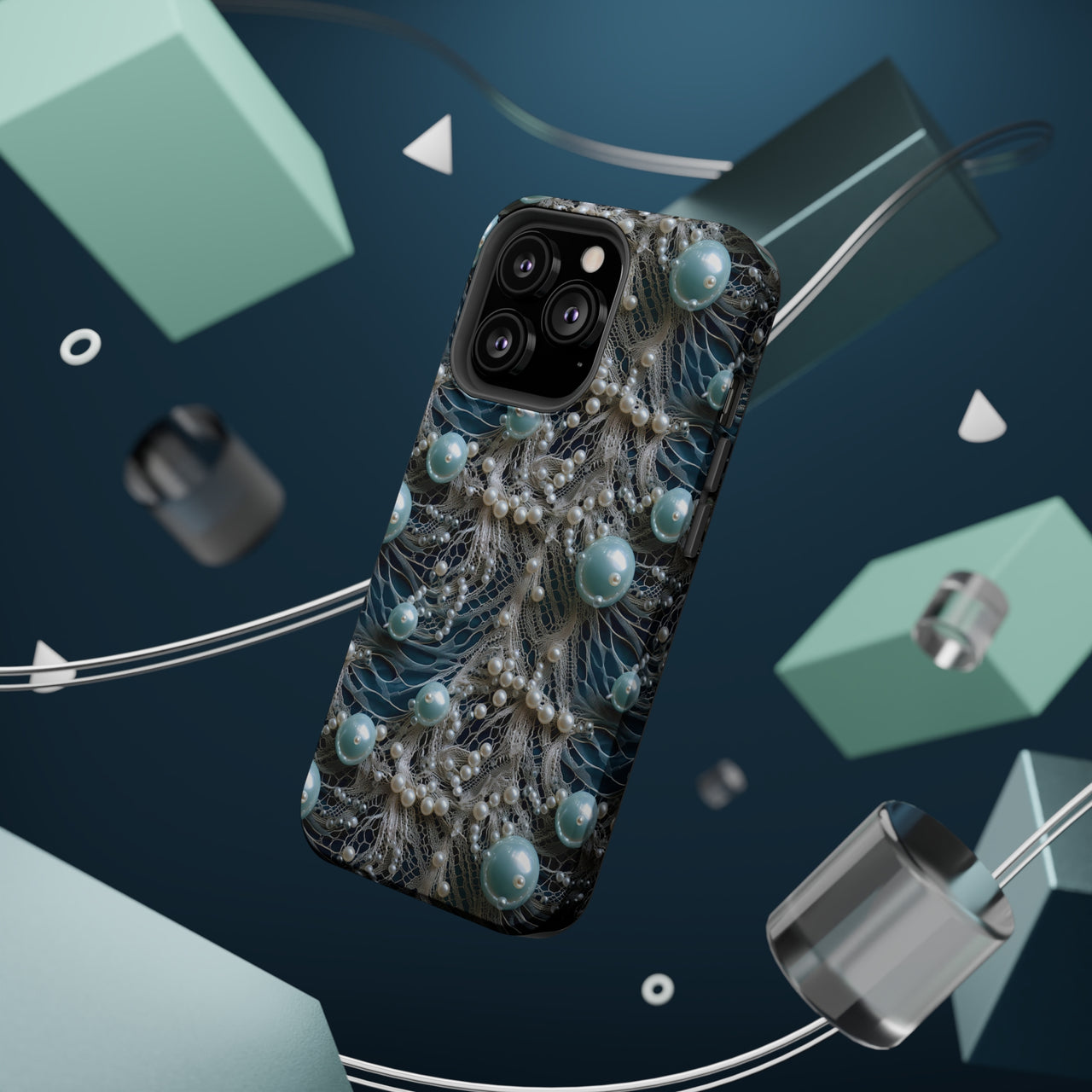 Sea Foam Lace and Pearls MagSafe Tough Cases for iPhone 13, iPhone 13 Mini, iPhone 13 Pro, and iPhone 13 Pro Max.