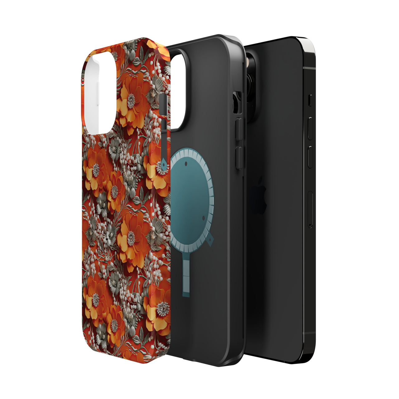 Orange Petals in Silver Tapestry MagSafe Tough Cases for iPhone 13, iPhone 13 Mini, iPhone 13 Pro, and iPhone 13 Pro Max.