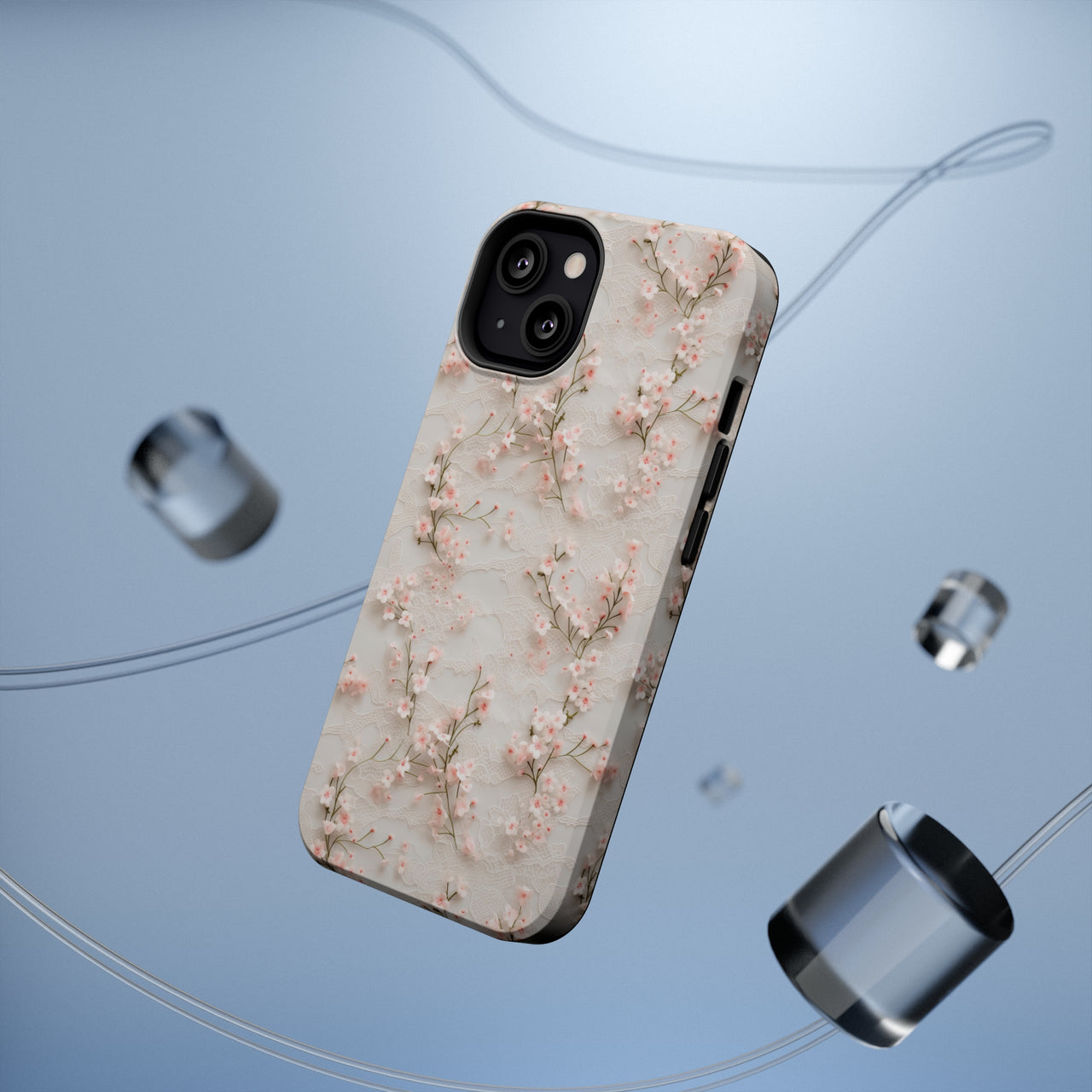 White Lace and Cherry Blossoms MagSafe Tough Cases for iPhone 13, iPhone 13 Mini, iPhone 13 Pro, and iPhone 13 Pro Max.