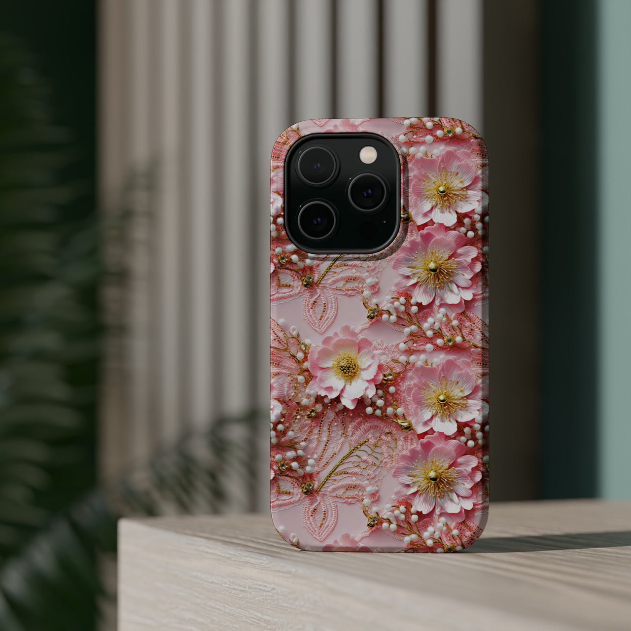 Gold-Kissed Flowers on Pink Lace - MagSafe Tough Case for iPhone 14, iPhone 14 Pro, iPhone 14 Plus, and iPhone 14 Pro Max